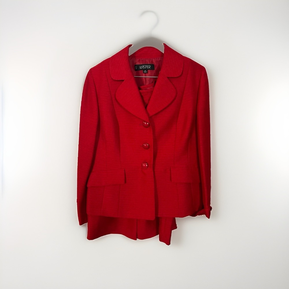Kasper Skirt Suit 12 P Red Embroidered Flap Pockets Long Blazer Textured Festive